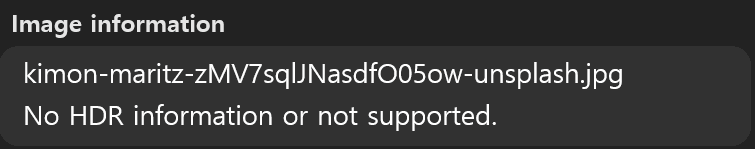 The message in the image information of the [HDR Settings] window saying the image is not HDR