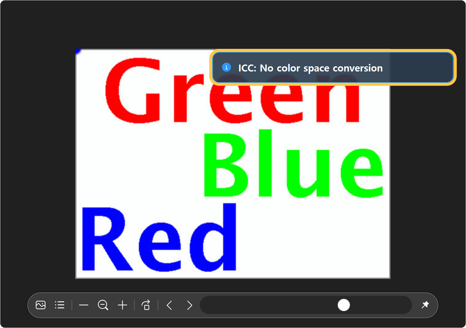 Test image and on-screen message with No color space conversion