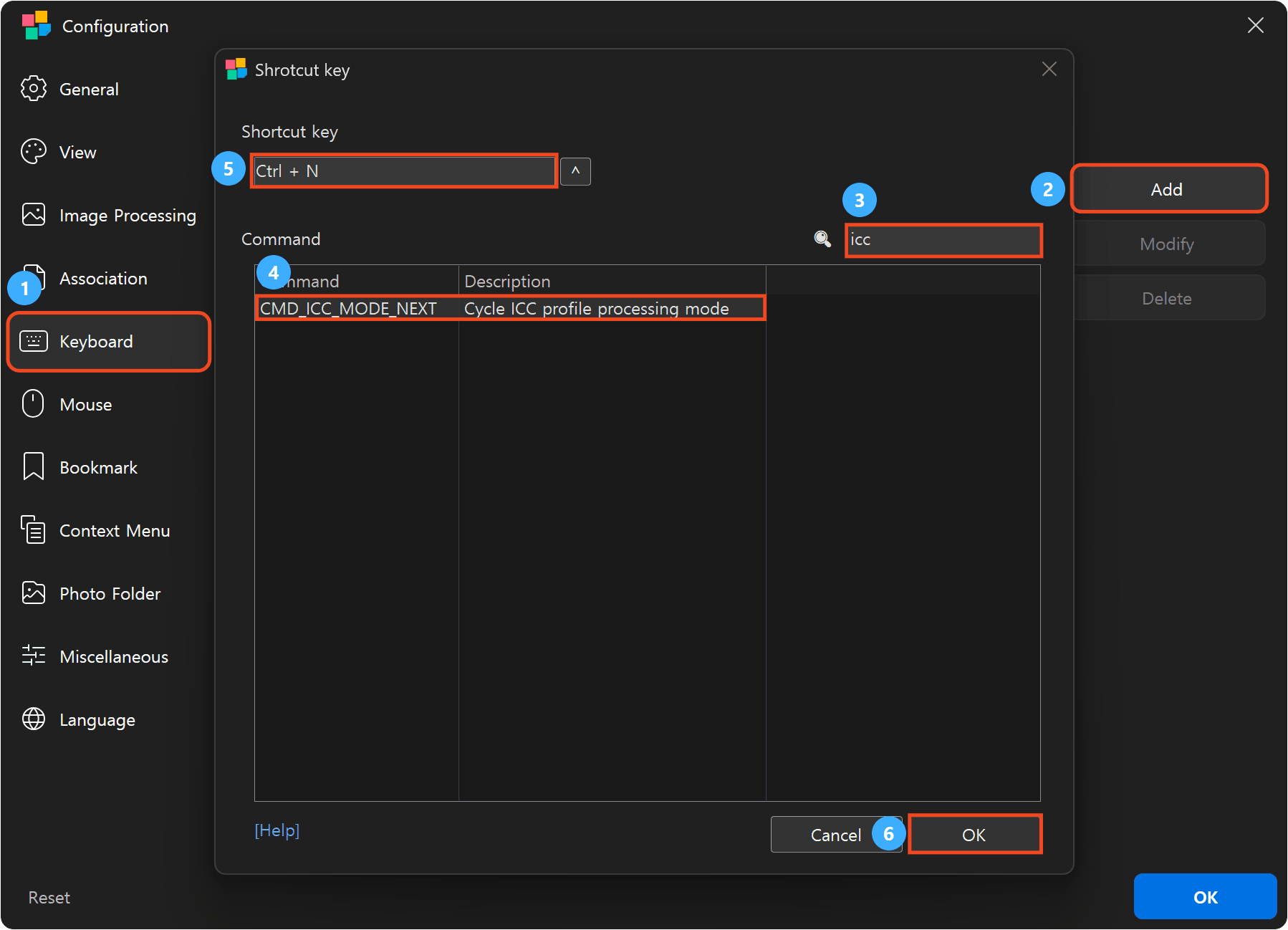 Steps for finding the ICC mode command and assigning a shortcut
