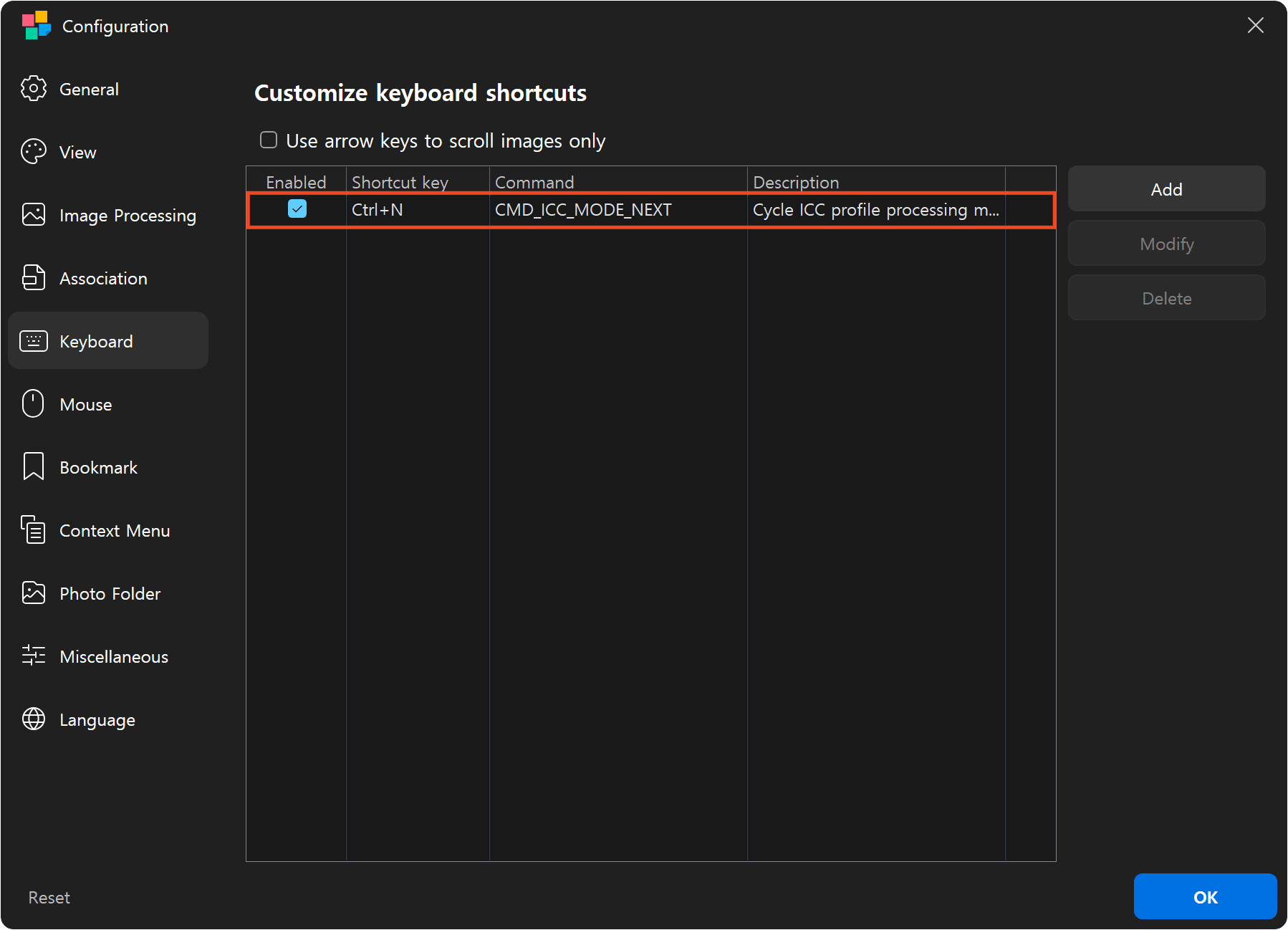The registered ICC mode shortcut with Enabled checked in Keyboard settings